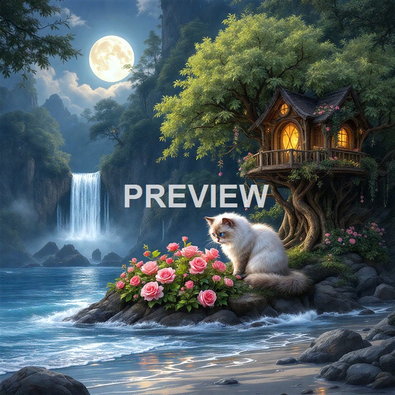 A whimsical scene featuring a small, glowing treehouse built into a large tree with a balcony, a waterfall in the background, a full moon in the sky, a white cat sitting near pink roses on a rocky shore, all set in a lush, enchanted forest.